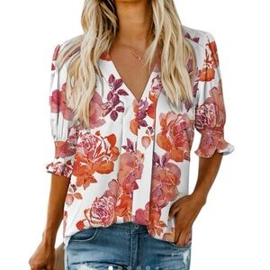 New Plus Size Summer V Neck White Floral Blouse